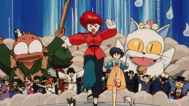Screenshot from Ranma ½: Big Trouble in Nekonron, China, which depicts girl-type Ranma, holding Happousai's bundle, as she runs away from a crowd of monsters, as well as her romantic rivals and the rivals for her affection