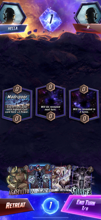 A screenshot of the mobile game Marvel Snap showing my hand with Wiccan, and no way to use my power to trigger his ability. 