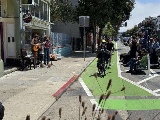 A two piece band performs on the sidewalk of Valencia as a large crowd watches. There is a bike lane between the band and the audience, but it is clear for bikes to come through. 