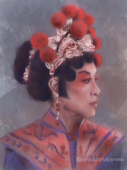 Painting of Michelle Yeoh from the movie Everything Everywhere All At Once in Chinese opera clothing. The artist's signature and @joyousjoyfuljoyness watermark are at the bottom right.