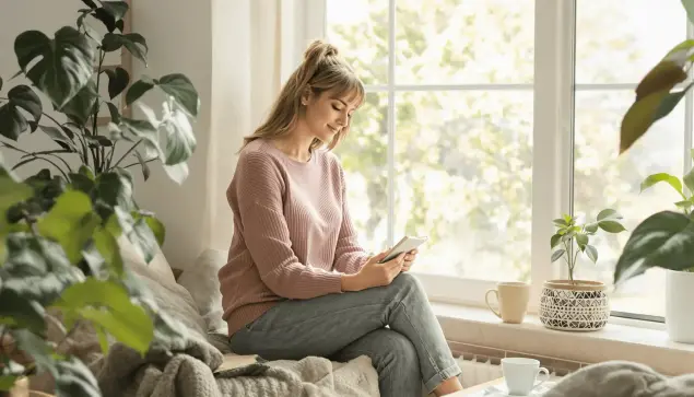 A woman sitting peacefully by a window with soft light, surrounded by plants, a journal, and a cup of tea, symbolizing calm and self-care.