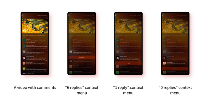 Four screenshots showing the context menu open on four consecutive comments. The first screenshot just shows the full list of comments; the second screenshot shows the context menu open with the text '6 replies'; following this a context menu with the text '1 reply' and finally one with the text '0 replies'.