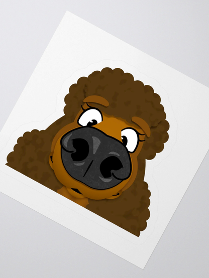 A preview image of my new sticker "Poodle Peeker".  It is a drawing of an anthropomorphic brown poodle, front on, nose very large and in your face.