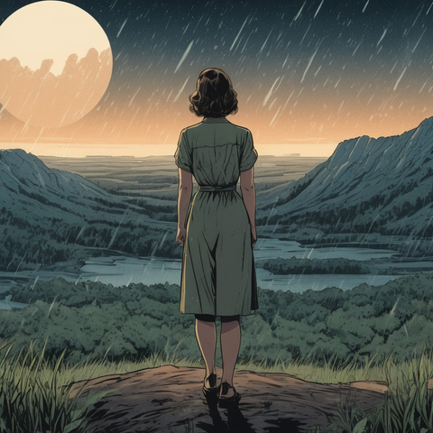 Model: Juggernaut XL
(1940s illustration, comic book, vector, 4k, hyper-detail), a summer night, raining, a woman standing on a hilltop, overlooking a tundra mountain forest, view from behind. mud everywhere