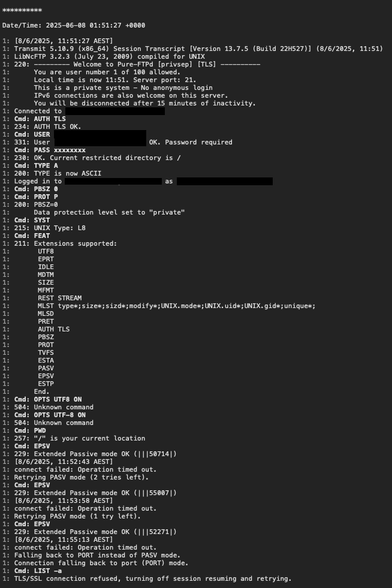 Transcript of FTP connection attempt.