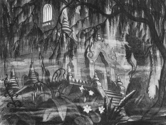A moody, black-and-white illustration of a mysterious, overgrown temple nestled deep in a shadowy forest. Gothic windows glow faintly from a hidden structure in the background, while pointed spires and an ornate archway rise above a stone stairway. Thick vines and weeping branches hang down from the trees, partially obscuring the view. Large-leafed plants and luminous flowers bloom in the foreground, their brightness contrasting with the dense fog and darkness that enshroud the scene. The atmosphere is both enchanting and eerie, suggesting a forgotten or haunted place.