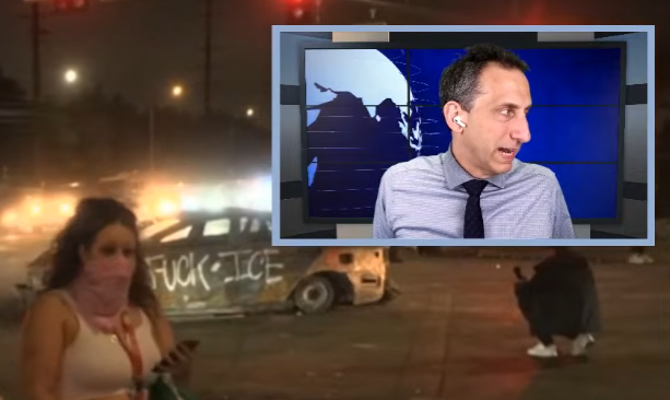 Screencap of a Youtube stream, in the background a masked lady looks at her phone, behind her is a burned out car with the words 'Fuck Ice' on it, in the upper right hand corner Nervous White Guy is looking away in exasperation 