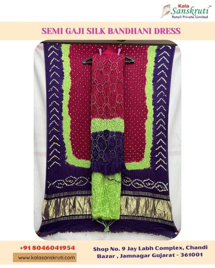 How to accessorize this vibrant masterpiece? 💜💚❤️ Pair our Purple, Parrot Green & Red Bandhani Dress with bold gold jewelry or keep it chic with neutral accents.