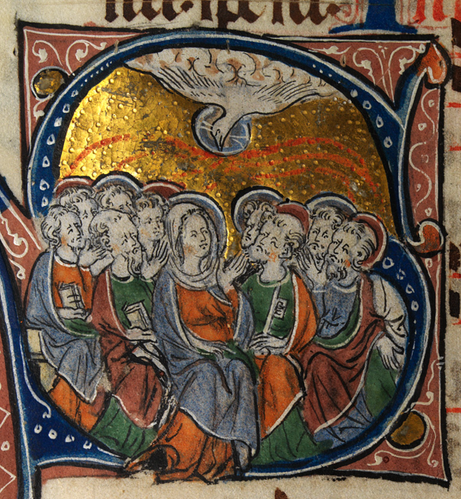 Medieval historiated initial depicting the apostles and Virgin Mary being visited by the Holy Spirit in the form of a haloed dove.