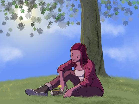 Very mournful looking girl sits on the grass beneath a tree that is bursting with springtime leaves. The sun is shining but she looks extremely downcast