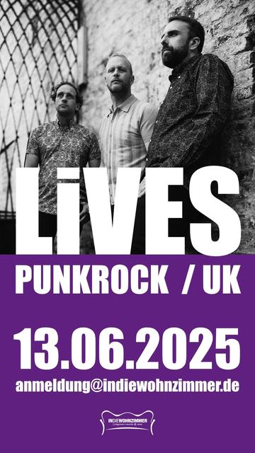 Ein Schwarz-Weiß-Bild von drei Männern in gemusterten Hemden, die zusammen an einer Wand stehen. Der Text zeigt an prominenter Stelle „LIVES PUNKROCK / UK“, das Datum „13.06.2025“ und einen E-Mail-Kontakt für die Anmeldung.