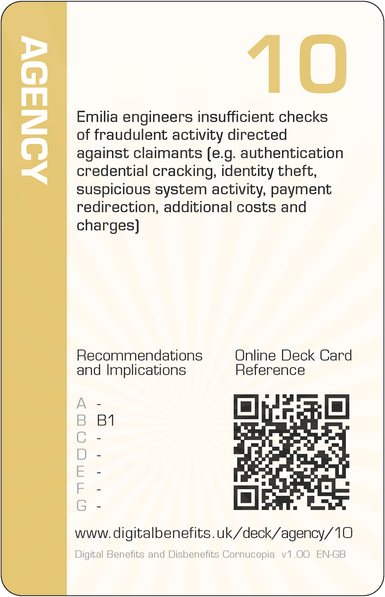 Image of the DBD Cornucopia Ten of Agency card with text 'Emilia engineers insufficient checks of fraudulent activity directed against claimants (e.g. authentication credential cracking, identity theft, suspicious system activity, payment redirection, additional costs and charges)'