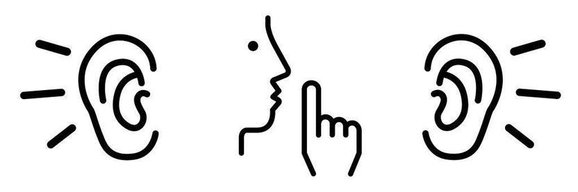 Shut up and listen: an illustration showing a person going "sh" surrounded by two ears listening