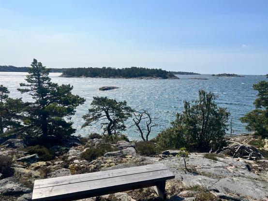 View from Fjärdlång. A bench on a large rock with sparse trees (pine mostly), bent by harsh weather islands full of trees in the baclground. Sun is shining. 