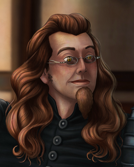 A digital portrait drawing of Crowley during the Globe Theatre scene, being smitten with whoever stands next to him (which is, of course, always Aziraphale)