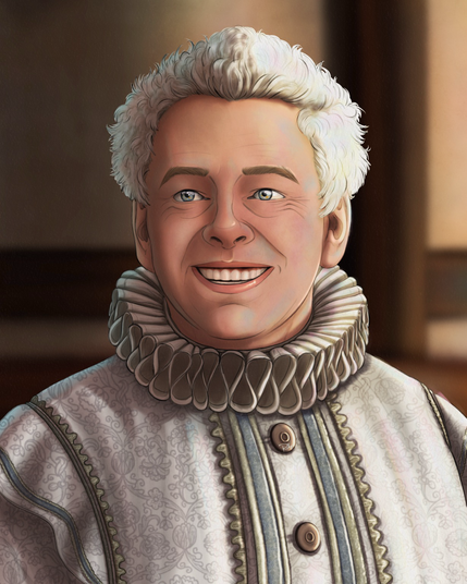 A digital portrait drawing of Aziraphale during the Globe Theatre scene, smiling lovely at whoever stands next to him (which is, of course, always Crowley)