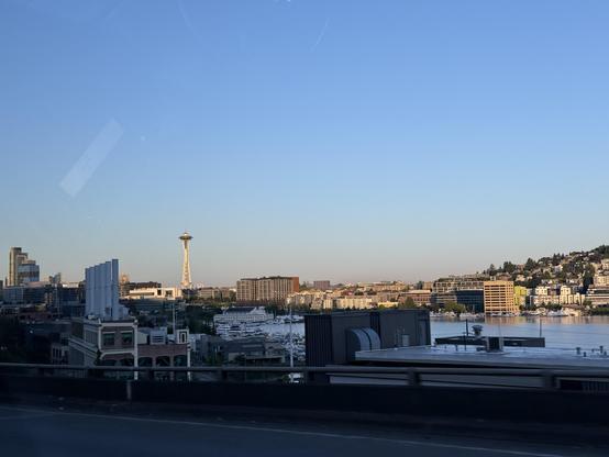 View of the Space Needle, looking over Lake Union in Seattle.