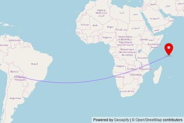 A map showing the great circle route from Municipio Monteagudo in Bolivia to a map pin at St. Paul's Cathedral, Royal Street, Victoria, Seychelles