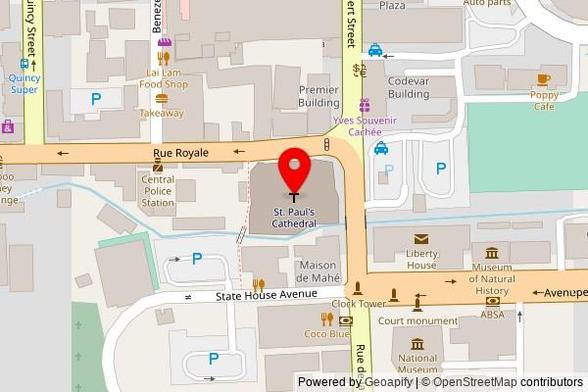 A zoomed out map with a pin at the position of St. Paul's Cathedral, Royal Street, Victoria, Seychelles