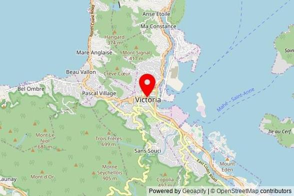 A partially zoomed out map with a pin at the position of St. Paul's Cathedral, Royal Street, Victoria, Seychelles