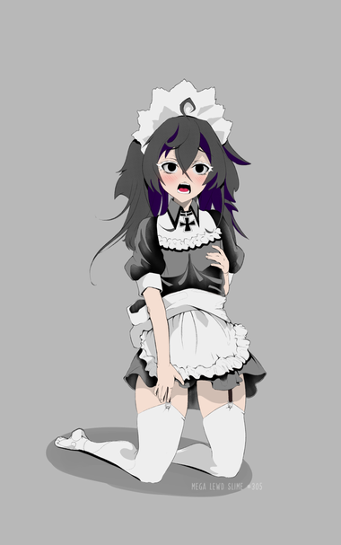 Unfinished anime-style sketch (illustration) of a shy maid kneeling in a straight-backed pose. Her left hand touches her chest over her clothes while her right hand reaches toward her stocking. She wears a cute maid outfit with a distinctive thick white-bordered black cross on her collar. Long hair, blushing expression.
未完成のアニメ風スケッチ：膝立ちで背筋を伸ばした恥じらいメイド。左手は服の上から胸に触れ、右手はストッキングへ伸ばしている。白縁取りの太い黒十字の首飾り付きの可愛いメイド服。長い髪、赤面した表情。