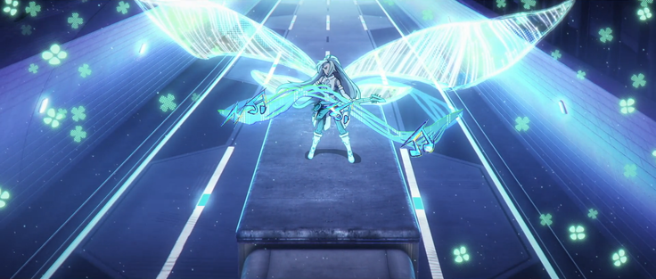 A imagem mostra a personagem Lucky Cyan de To Be Hero X em uma estrada iluminada. Há luzes brilhantes ao redor dela, junto com símbolos de trevo que reforçam sua identidade visual. Lucky Cyan está tocando uma guitarra, com efeitos visuais vibrantes de notas musicais emanando do instrumento. Além disso, ela possui asas luminosas, que acrescentam um toque mágico à cena. A composição destaca a energia e estilo único da personagem, transmitindo um momento de ação dinâmico e cheio de personalidade.