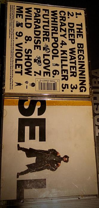 The photograph shows a Compact Disc jewel case. The top Side has a beige label with black text. The text reads "FUTURE Love" and lists the track titles: "1. THE BEGINNING," "2. DEEP WATER 3," "3. CRAZY KILLER 5," "4. WHIRLPOOL 6," "5. WILD LOVE 7," "6. PARADISE 8," and "7. ME 9. VIOLET." The label also includes the address "Sire Records Company, 75 Rockefeller Plaza, New York, NY, 10019-6908," and a barcode. The bottom side has a white label with a large black "SEAL" in the center. Below the text, there is an image of a person in a black outfit with a mask like face {tribal tattoos face markings}, standing with both legs firm on the ground. The label also includes the text "Unlicensed duplication is a violation of applicable laws."

 Ovis2-8B

🌱 Energy used: 0.246 Wh