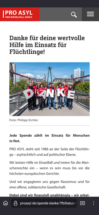Dankesseite von PRO ASYL nach einer Spendentransaktion
