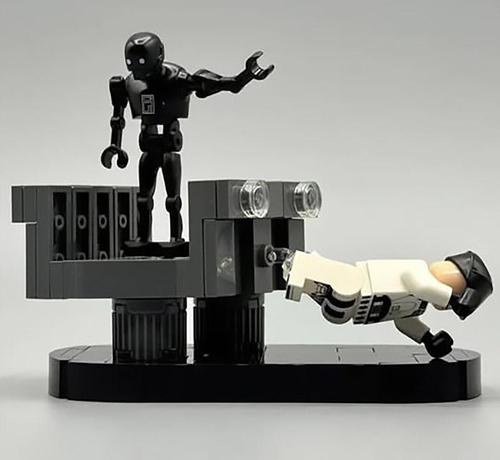 LEGO diorama scene from Andor when K2-S0 threw the Imperial trooper off the bridge.