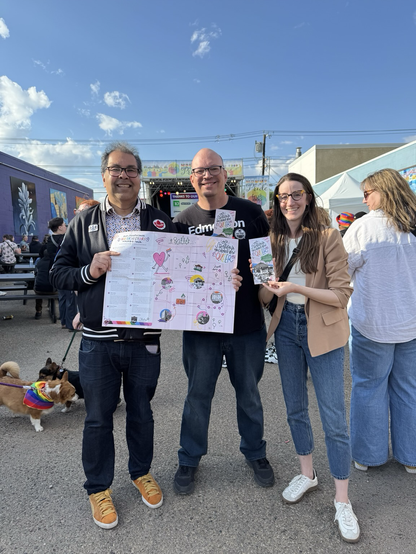 MLA Neshi, Senator Wells, City Councillor Salvador holding new Old Strathcona Queer History map. 