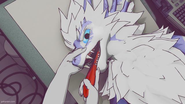 Dragon with tongue out lying on the examination bed