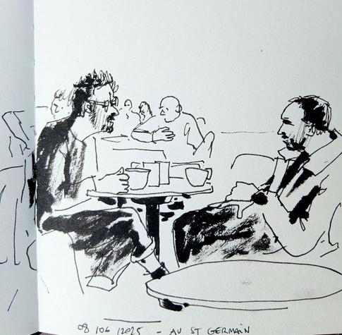 dessin de 2 personnes en terrasse qui discutent autour d’un verre. d’autres personnes en second plan.