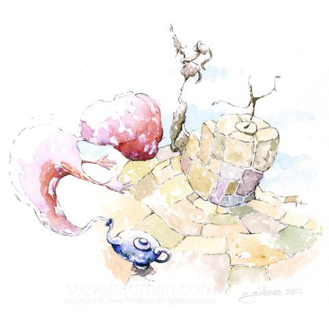 My watercolor painting titled “Nothing Good Will Come of this” takes place in a setting of laid stones where a genie like entity is emerging from a magic lamp with outstretched arms toward a whimsical statuette upon a stone pedestal that is light-heartedly dancing while a vaguely conquistador like figure on rearing steed statuette faces away from them.