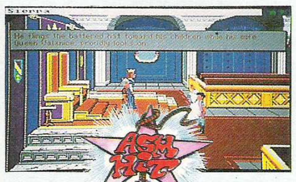 A magazine scan from the September 1991 issue of Aktueller Software Markt. It shows a screenshot from the intro of King's Quest IV on Amiga. In this version, the interior of the text boxes is a light gray, with a white rectangular inner border inside the regular black border. The text box shown here is also slightly lower on screen than it appears in the final game. Plus, there is an AmigaOS toolbar at the top of the screen, where the white score bar is in most Sierra SCI0 games. The toolbar says "Sierra" and has a couple of Workbench icons for adjusting the window on the right end.