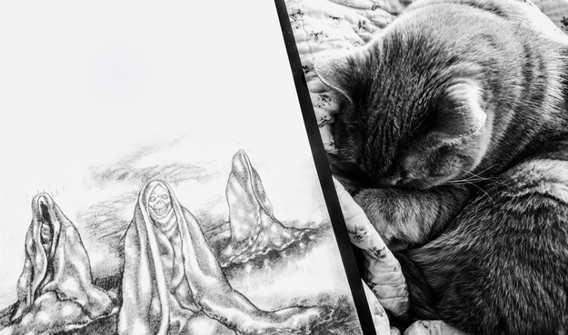 black and white photo of a caramel tabby cat snuggling while their human guardian sketches.
