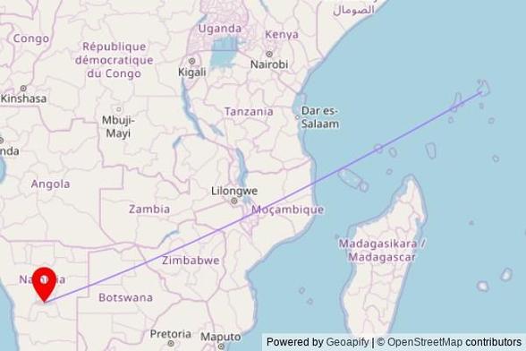 A map showing the great circle route from Victoria in Seychelles to a map pin at ECG, Rendsburger Street, Windhoek 10028, Namibia