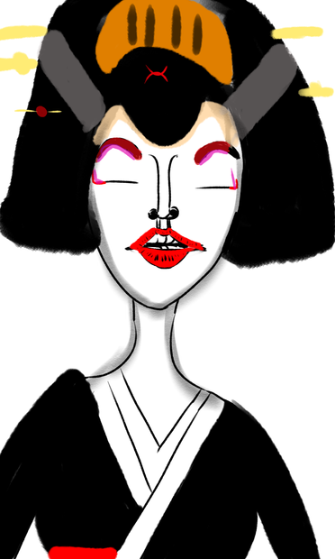 Geisha red lips partially opened, with her teeth, and her eyes closed