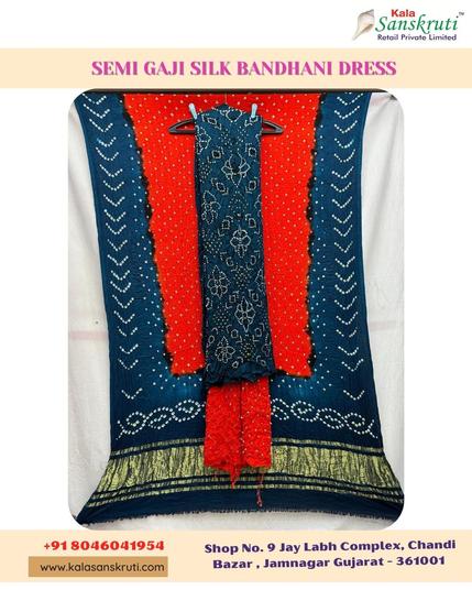 🧡💙 Our vibrant Indigo & Orange Semi Gaji Silk Bandhani material awaits your creativity. Perfect for festive wear, weddings, or elegant daily style. Get yours at Kalasanskruti.