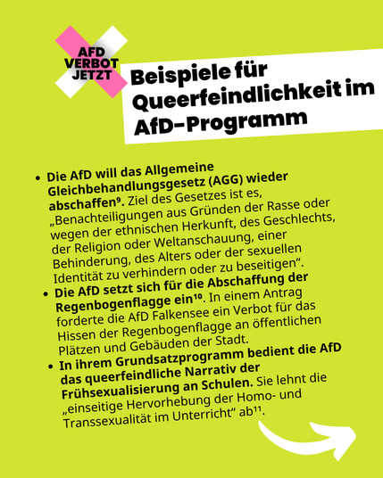 Beispiele für Queerfeindlichkeit im AfD-Programm (Fortsetzung)

Die AfD will die “Ehe für alle” wieder abschaffen. Die Partei will ihren Antrag aus 2018 dazu bald erneut in den Bundestag einbringen¹².

Die AfD will das Amt des*der Queerbeauftragten abschaffen¹³. Die Fraktion hat 2024 einen entsprechenden Antrag im Bundestag eingebracht.

Die Transition von jugendlichen trans* Personen will die AfD verhindern¹⁴. Laut Wahlprogramm will die Partei  geschlechtsangleichende Operationen bei Jugendlichen verbieten und die Abgabe von Medikamenten wie etwa Pubertätsblockern rigide einschränken.

In ihrem Wahlprogramm schweigt die AfD außerdem zur Diskriminierung von queeren Menschen. Es findet sich kein Wort über Benachteiligung im Alltag, Hassverbrechen, Homofeindlichkeit in der EU oder offene rechtliche Baustellen wie das Abstammungsrecht¹⁵.