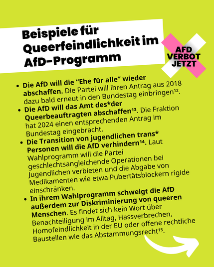 Beispiele für Queerfeindlichkeit im AfD-Programm

Die AfD will das Allgemeine Gleichbehandlungsgesetz (AGG) wieder abschaffen⁹. Ziel des Gesetzes ist es, „Benachteiligungen aus Gründen der Rasse oder wegen der ethnischen Herkunft, des Geschlechts, der Religion oder Weltanschauung, einer Behinderung, des Alters oder der sexuellen Identität zu verhindern oder zu beseitigen“.

Die AfD setzt sich für die Abschaffung der Regenbogenflagge ein¹⁰. In einem Antrag forderte die AfD Falkensee ein Verbot für das Hissen der Regenbogenflagge an öffentlichen Plätzen und Gebäuden der Stadt.

In ihrem Grundsatzprogramm bedient die AfD das queerfeindliche Narrativ der Frühsexualisierung an Schulen. Sie lehnt die „einseitige Hervorhebung der Homo- und Transsexualität im Unterricht“ ab¹¹.