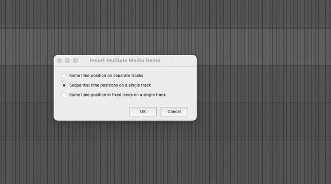 Dialog from Reaper offers:
Insert Multiple Media Items: Same Position on Separate Tracks?
Sequential Time positions on a single track?
Same time position in fixed lanes on a single track?