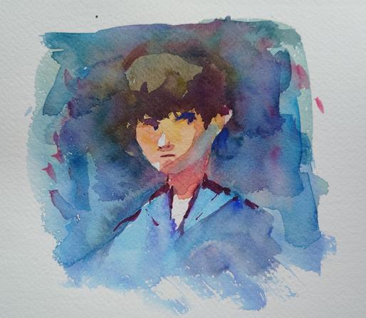 An loose watercolor painting of a face. The background is a melody of values. Everything in this little piece is more focused on getting the values right rather than the color