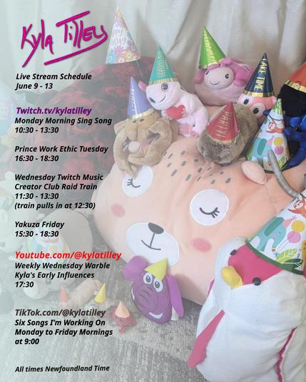 A big group of plush animals from every kingdom wearing party hats!  Every bit as delightful as you can imagine! 

Live stream schedule for June 9-13 is:

Twitch.tv/kylatilley 
Monday Morning Sing Song
10:30-13:30
Prince Work Ethic Tuesday
16:30-18:30
Wednesday Twitch Music Creator Club Raid Train
11:30-13:30 (train pulls in at 12:30)
Friday Yakuza
15:30-18:30

Youtube.com/@kylatilley
Weekly Wednesday Warble
Kyla's Early Influences
17:30

TikTok.com/@kylatilley
Six Songs I'm Working On
Monday to Friday Mornings 9:00

All times posted in Newfoundland Time
