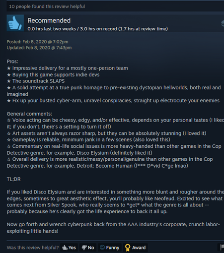 "Neofeud is a true punk homage to pre-existing dystopian hellworlds, both real and imagined... go forth and wrench cyberpunk back from the AAA industry's corporate, crunch labor-exploiting little hands!" 
