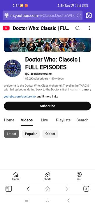 The home page for the Classic Doctor Who channel on YouTube. 