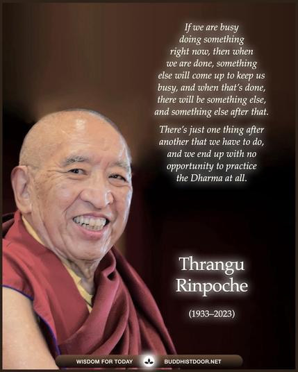 Buddhistdoor Quote for Today: 

If we are busy doing something right now, then when we are done, something else will come up to keep us busy, and when that’s done, there will be something else, and something else after that. There’s just one thing after another that we have to do, and we end up with no opportunity to practice the Dharma at all. — Thrangu Rinpoche (1933–2023)

🔗 Explore more at BDG: buddhistdoor.net