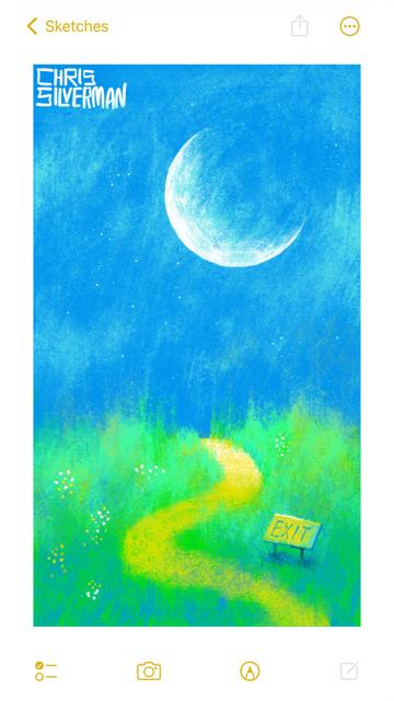 A small yellow path winds through a grassy meadow at night. The meadow is a blend of greens and yellows, speckled with small white and yellow flowers. The sky is a medium blue, with a large white crescent moon and stars. To the right of the path is a small yellow sign with the word "Exit" on it. The painting is signed "Chris Silverman".