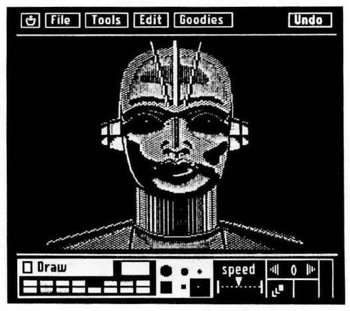 pixelated image within a program called animate for the apple II. buttons up the top: file, tools, edit, goodies, undo
down the bottom: user interface
image: pixelated head of a metallic robot/android's head, neck and shoulders, soulless black eyes.