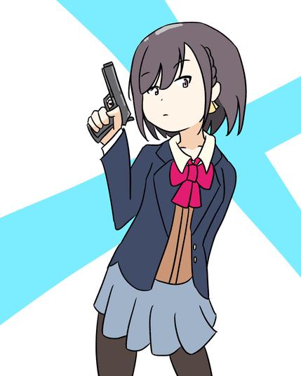 Drawing of Ena Shinonome in winter uniform leaning forward slightly holding a pistol in her right hand.