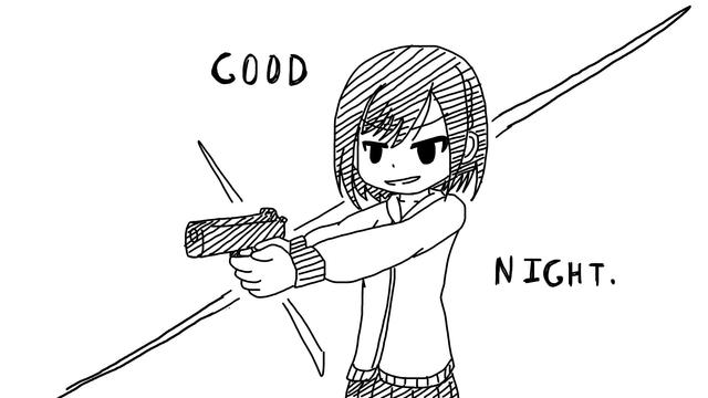 A black and white drawing of Ena Shinonome holding a handgun. The words "GOOD NIGHT." are behind her.
